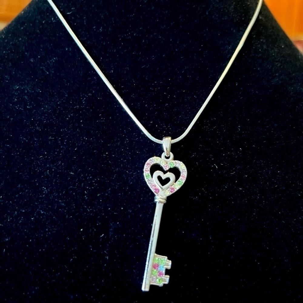 Silver Plated Crystal Key with Heart Necklace by ESPYNY